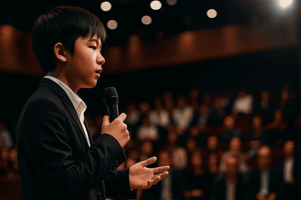 A camp student speaking to an audience
